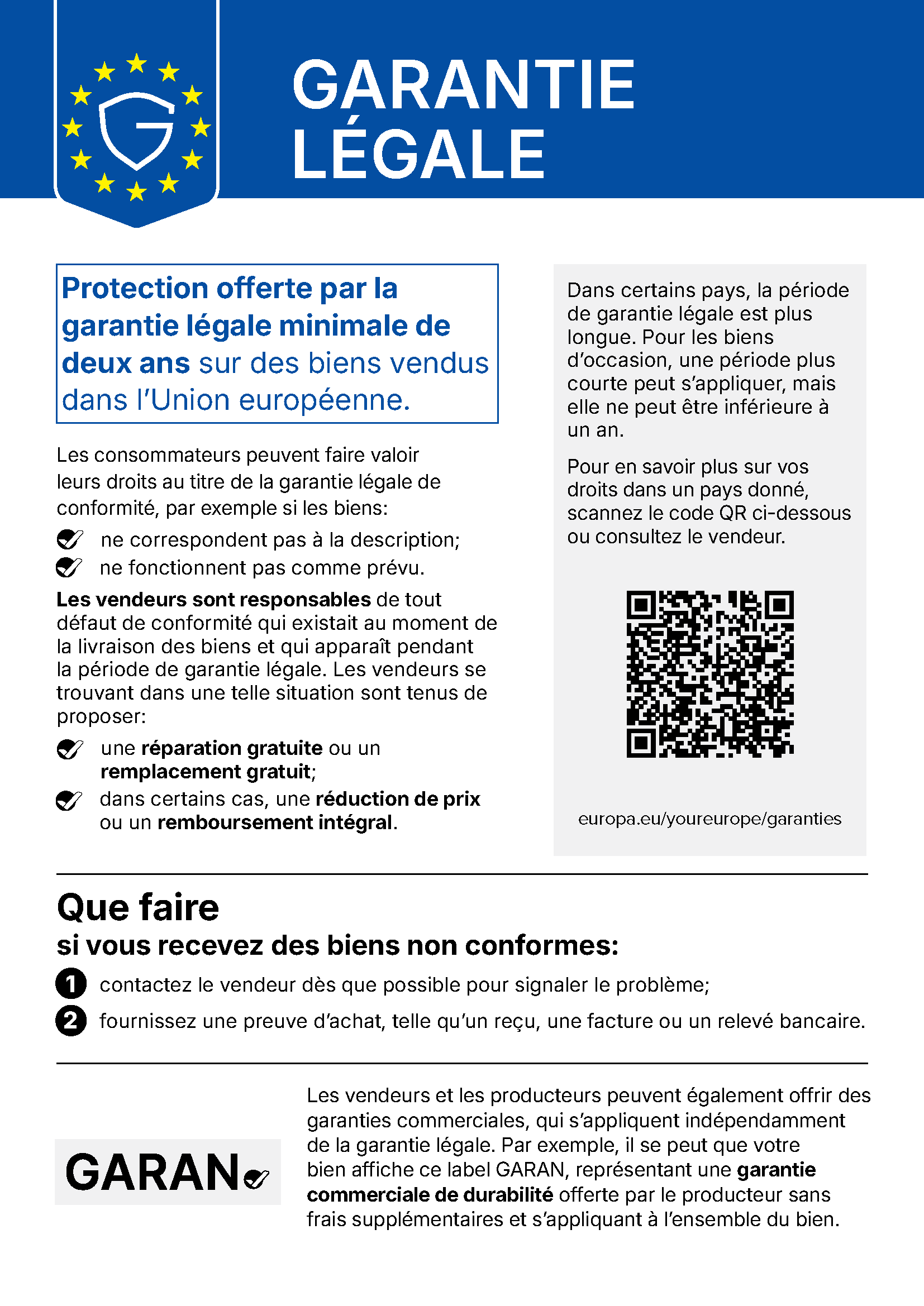 Informations de l’UE sur les droits légaux en matière de garantie