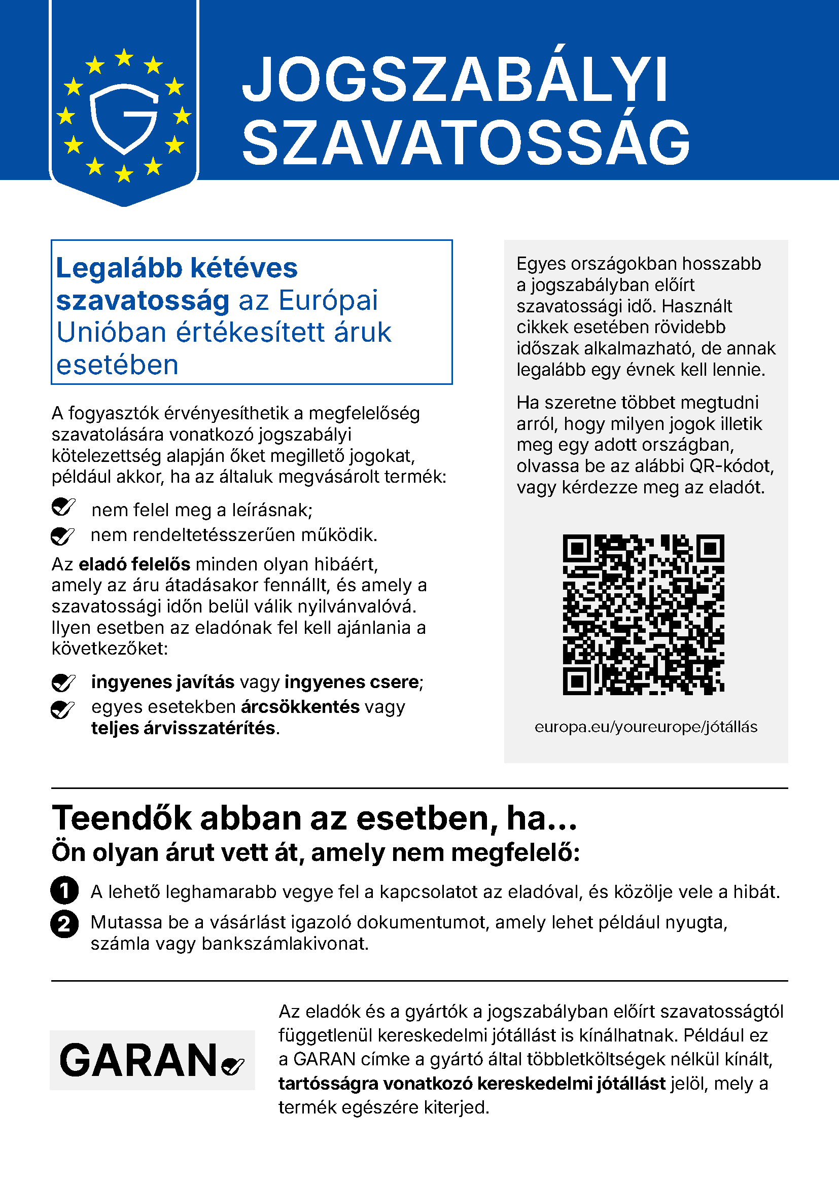 EU-tájékoztató a törvényes kellékszavatossági jogokról