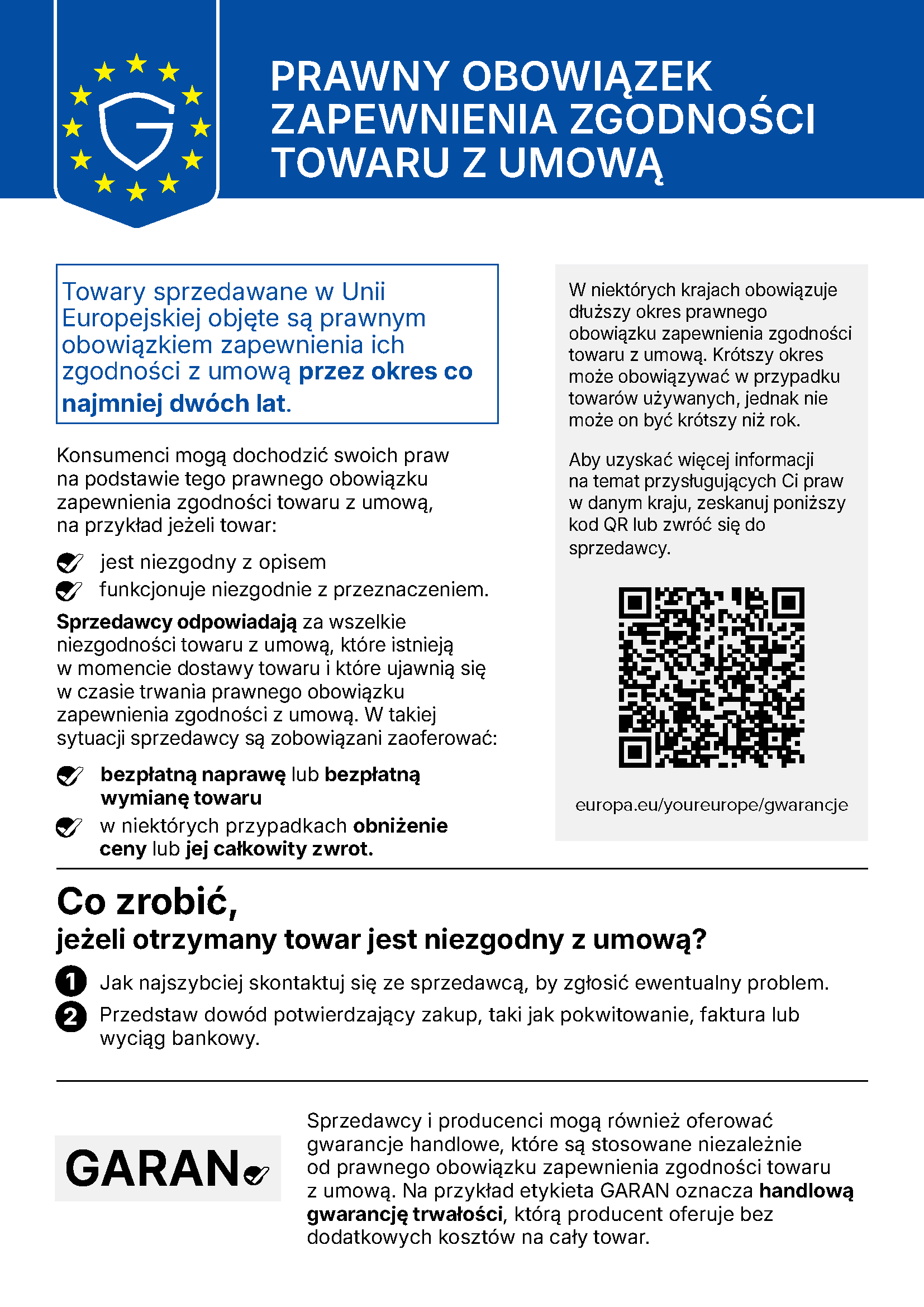 Informacje UE o ustawowych prawach z tytułu rękojmi