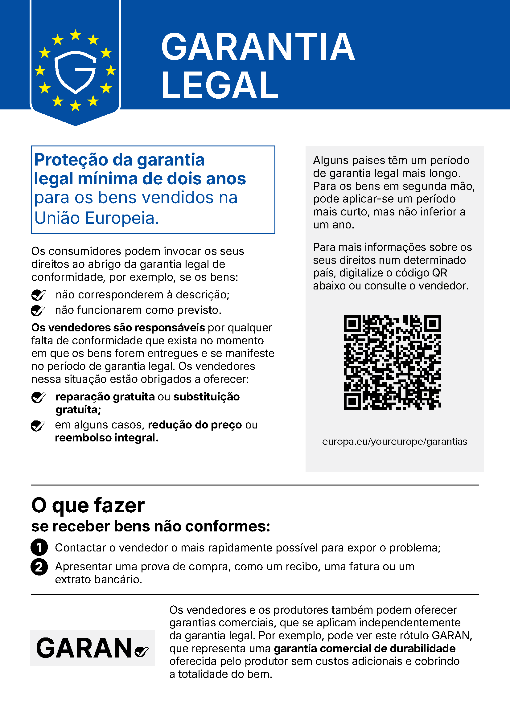 Informações da UE sobre os direitos legais de garantia