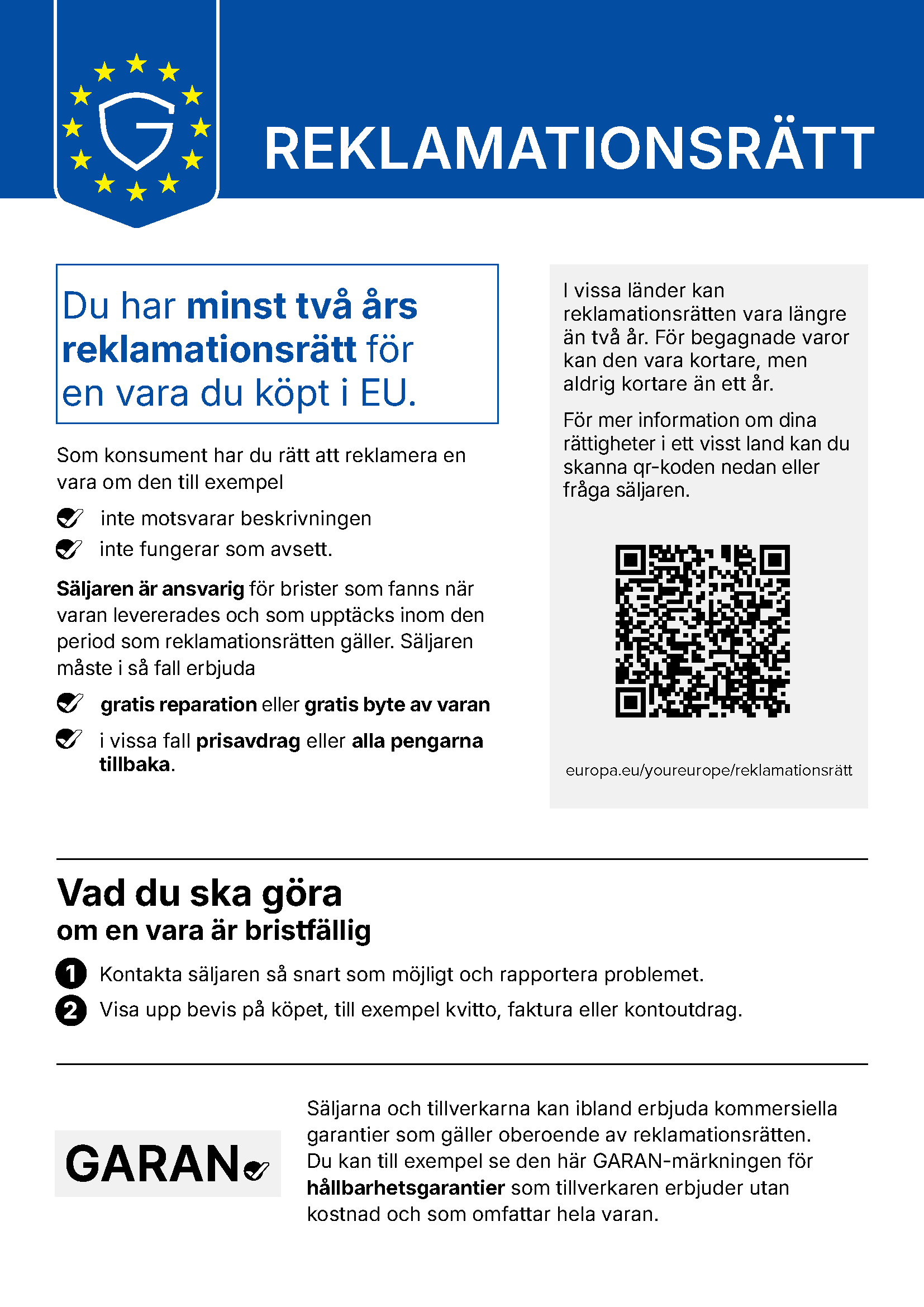 EU-information om lagstadgade reklamationsrättigheter