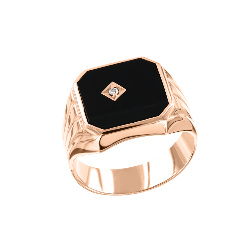 Herrenring aus Rotgold 585 mit Zirkonia und Onyx