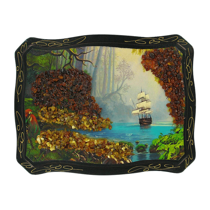 Bernsteinbild „Segelschiff vor der Küste“