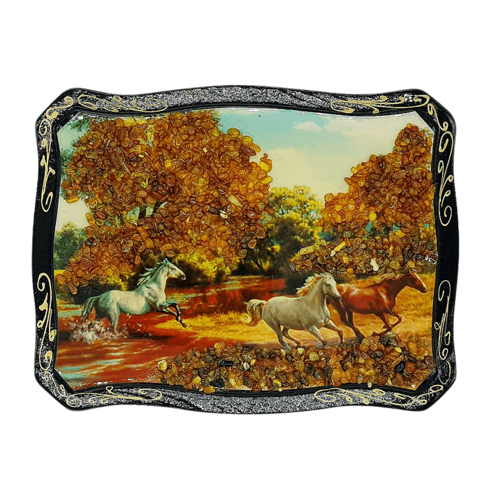 Bernsteinbild „Pferde am herbstlichen Fluss“
