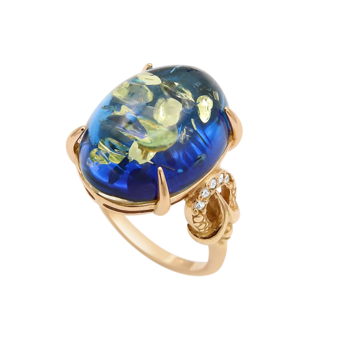 Vergoldeter Damen-Bernsteinring aus 925er Silber mit Zirkonia – Blau