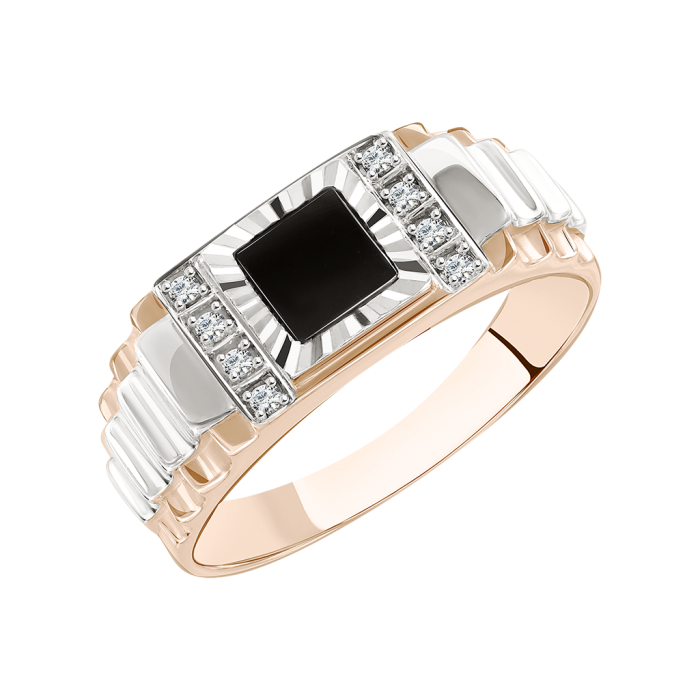 Herrenring aus Rotgold 585 mit Zirkonia und Onyx