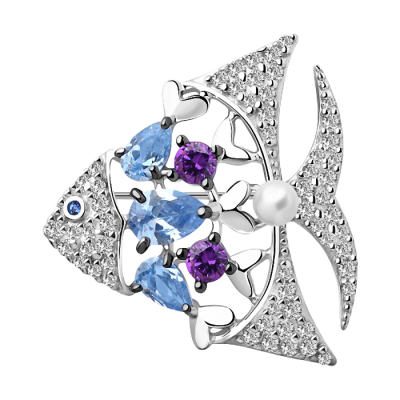 Brosche aus Silber 925 mit Perle, Amethyst und Zirkonia