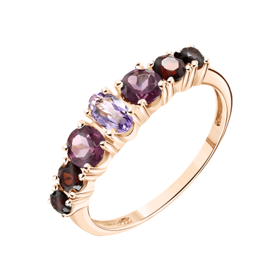 Rotgold 585 Damenring mit Amethyst, Granat und Rhodolith