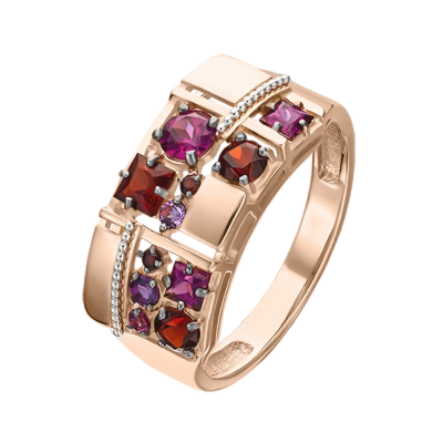 Rotgold 585 Damenring mit Granat und Amethyst