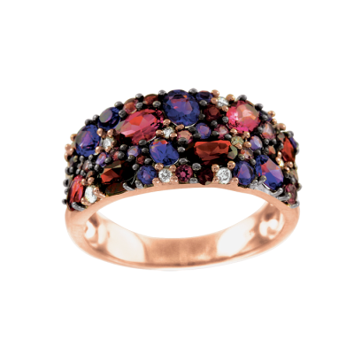 Rotgold 585 Damenring mit Granat, Amethyst, Brillant und Quarz
