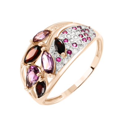Damenring aus Rotgold 585 mit Granat, Rhodolith und Zirkonia