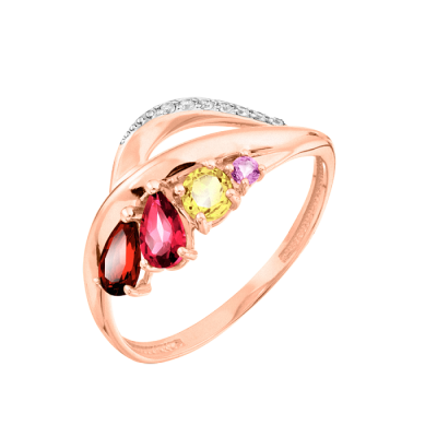 Rotgold 585 Damenring mit Zirkonia, Amethyst, Granat und Rhodolith