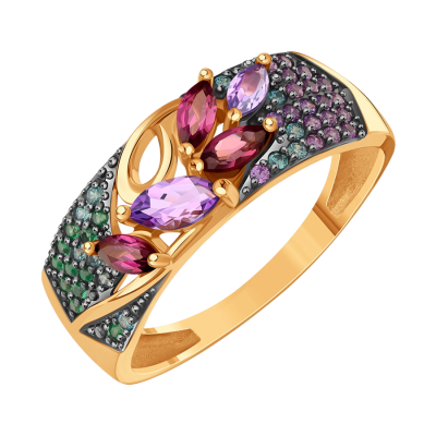 Rotgold 585 Damenring mit Zirkonia, Amethyst und Rhodolith