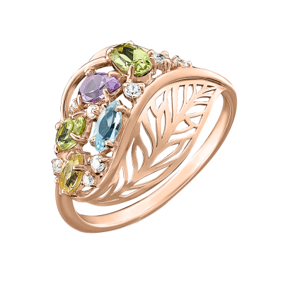 Rotgold 585 Damenring mit Zirkonia, Topas, Amethyst und Chrysolith