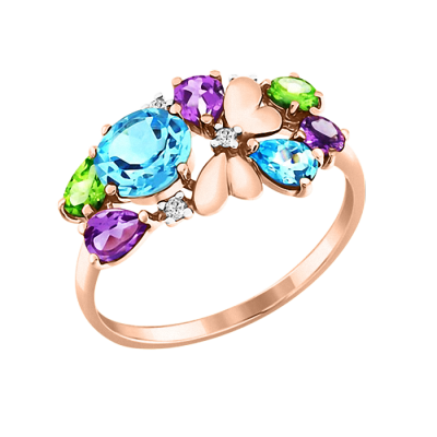 Rotgold 585 Damenring mit Zirkonia, Topas, Amethyst und Chrysolith