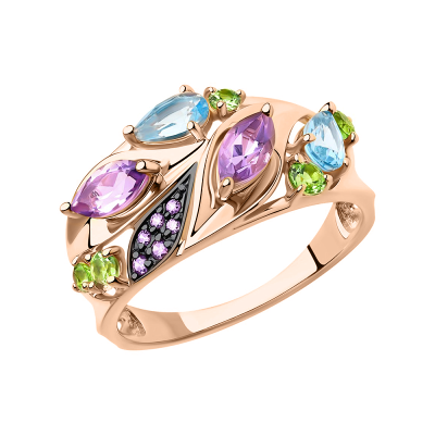 Rotgold 585 Damenring mit Zirkonia, Topas, Amethyst und Chrysolith