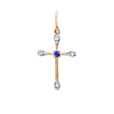 Anhänger Kreuz aus Rotgold 585 mit Brillant und Saphir