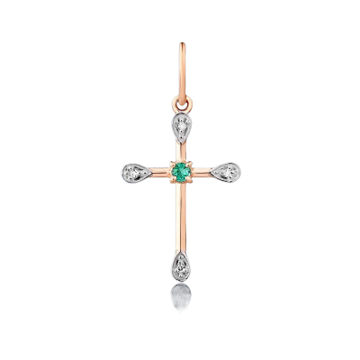 Anhänger - Kreuz aus Rotgold 585 mit Smaragd und Brillant