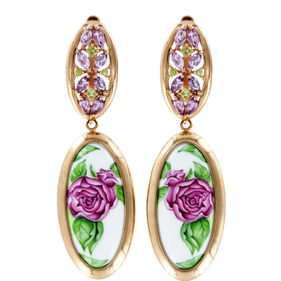 Ohrringe aus Rotgold 585 mit Amethyst, Chrysolith und Emaille