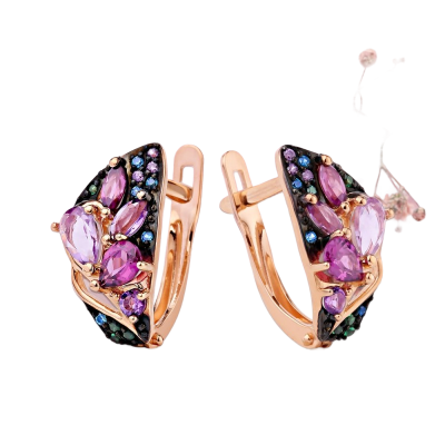 Goldohrringe aus Rotgold 585 mit Amethyst, Rhodolith und Zirkonia