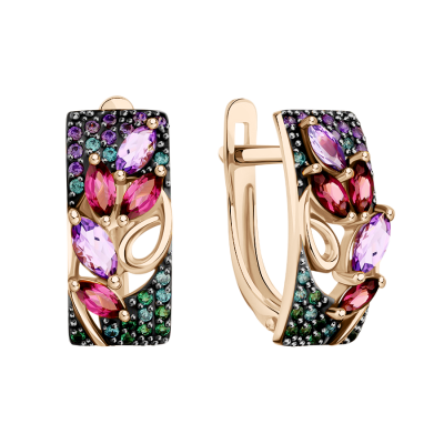 Goldohrringe aus Rotgold 585 mit Amethyst, Rhodolith und Zirkonia