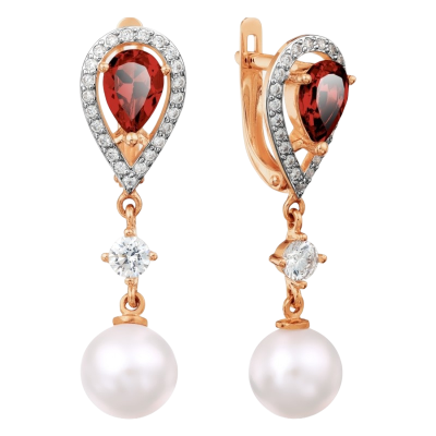 Goldohrringe aus Rotgold 585 mit Granat, Zirkonia und Perle