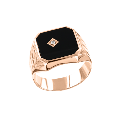 Herrenring aus Rotgold 585 mit Brillant und Onyx