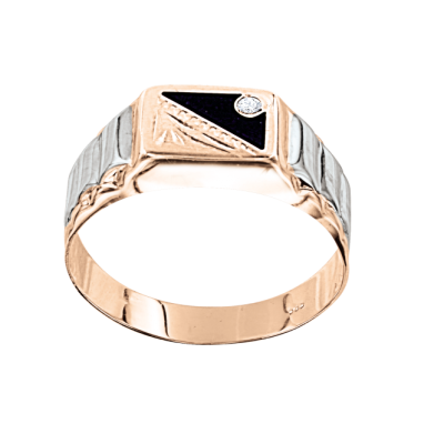 Herrenring aus Rotgold 585 mit Zirkonia und Onyx