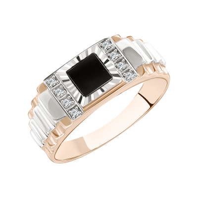 Herrenring aus Rotgold 585 mit Zirkonia und Onyx