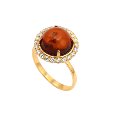 Vergoldeter Ring aus Silber 925 mit Bernstein und Zirkonia