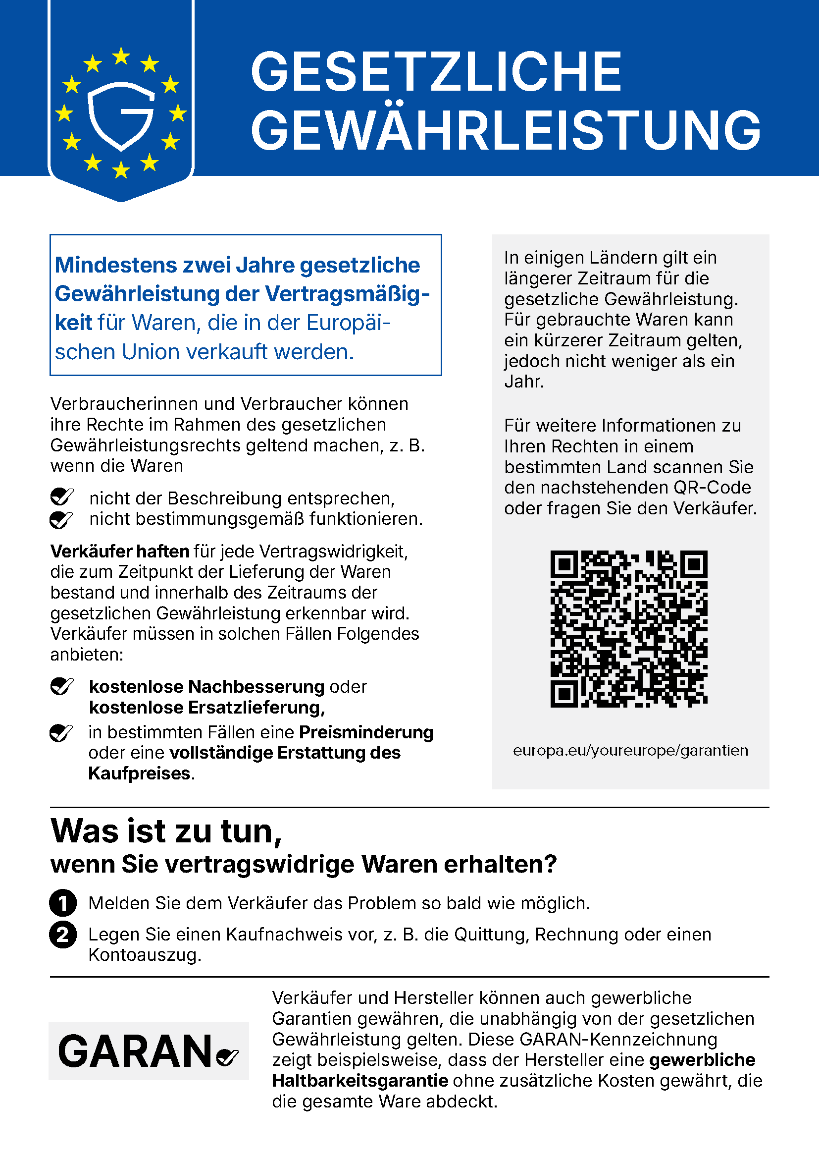 EU-Hinweis: Gesetzliche Gewährleistung – mindestens zwei Jahre